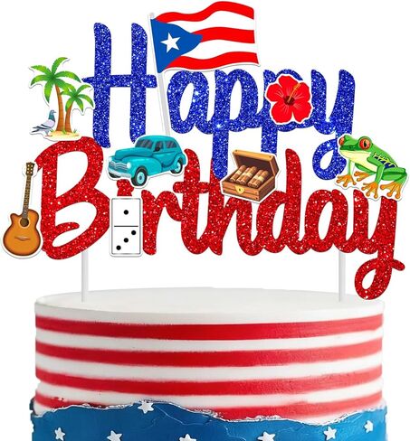 Puerto Rico Cake Topper Glitter Puerto Rican Theme Birthday Party Decoration Puerto Rican Cake Decorations Frog Cigar Vintage Car Cake Picks for National Day Patriotic Festival Supplies in Saudi Arabia