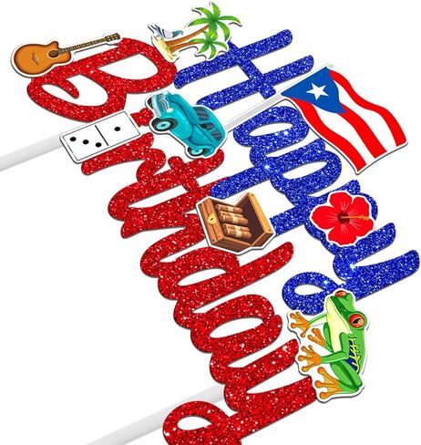 Puerto Rico Cake Topper Glitter Puerto Rican Theme Birthday Party Decoration Puerto Rican Cake Decorations Frog Cigar Vintage Car Cake Picks for National Day Patriotic Festival Supplies in Saudi Arabia