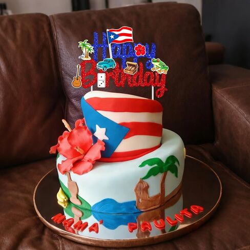 Puerto Rico Cake Topper Glitter Puerto Rican Theme Birthday Party Decoration Puerto Rican Cake Decorations Frog Cigar Vintage Car Cake Picks for National Day Patriotic Festival Supplies in Saudi Arabia