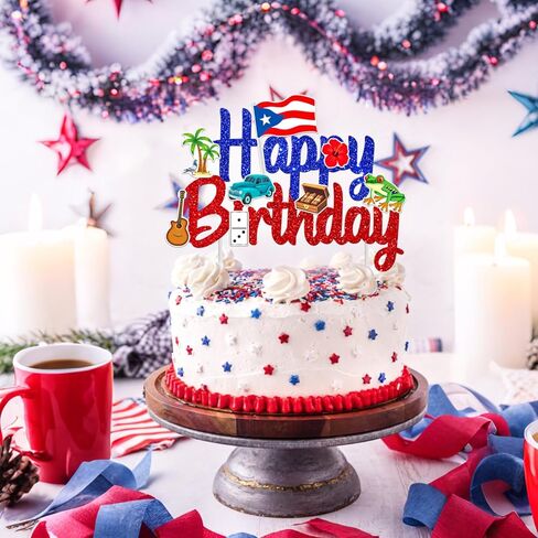Puerto Rico Cake Topper Glitter Puerto Rican Theme Birthday Party Decoration Puerto Rican Cake Decorations Frog Cigar Vintage Car Cake Picks for National Day Patriotic Festival Supplies in Saudi Arabia