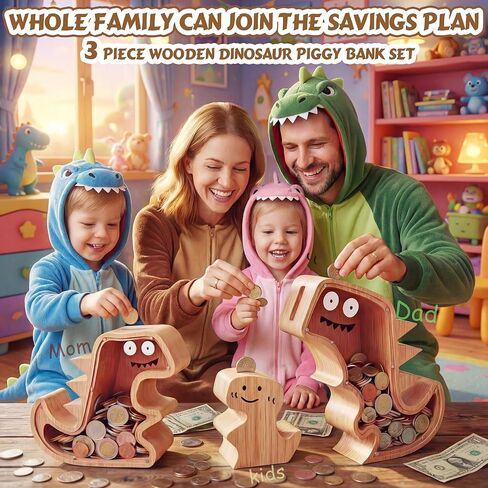مجموعة حصالة على شكل ديناصور مطورة للأطفال، مكونة من 3 قطع من حصالة الديناصورات الخشبية للأولاد والبنات 3 في 1 بنك أموال دينو خشبي للأطفال الصغار، هدايا صندوق توفير المال الإبداعي لأفكار هدايا عيد ميلاد الأطفال in Kuwait