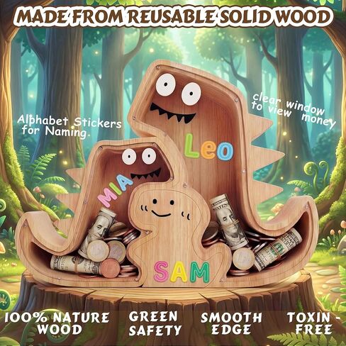 مجموعة حصالة على شكل ديناصور مطورة للأطفال، مكونة من 3 قطع من حصالة الديناصورات الخشبية للأولاد والبنات 3 في 1 بنك أموال دينو خشبي للأطفال الصغار، هدايا صندوق توفير المال الإبداعي لأفكار هدايا عيد ميلاد الأطفال in Kuwait