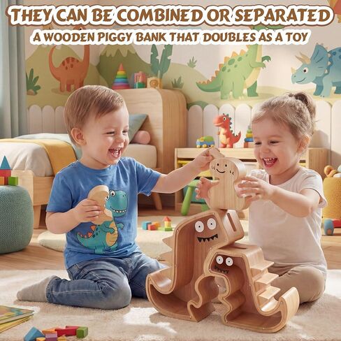 مجموعة حصالة على شكل ديناصور مطورة للأطفال، مكونة من 3 قطع من حصالة الديناصورات الخشبية للأولاد والبنات 3 في 1 بنك أموال دينو خشبي للأطفال الصغار، هدايا صندوق توفير المال الإبداعي لأفكار هدايا عيد ميلاد الأطفال in Kuwait