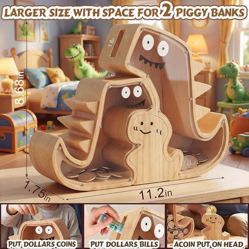 مجموعة حصالة على شكل ديناصور مطورة للأطفال، مكونة من 3 قطع من حصالة الديناصورات الخشبية للأولاد والبنات 3 في 1 بنك أموال دينو خشبي للأطفال الصغار، هدايا صندوق توفير المال الإبداعي لأفكار هدايا عيد ميلاد الأطفال in Kuwait