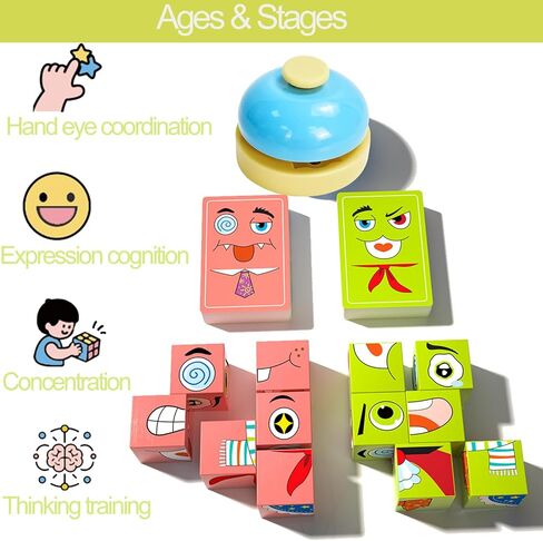 Wooden Face Changing Building Blocks Game, Face Blocks Game with Bell Logical Thinking Training Brain Education in Kuwait