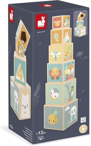 Janod J05147 First Wooden Pyramid - 6 Cubes Stacking Toy - Develops Dexterity and Imagination - Early Ages 12 Months from 12 Months, Multi-Coloured in Saudi Arabia