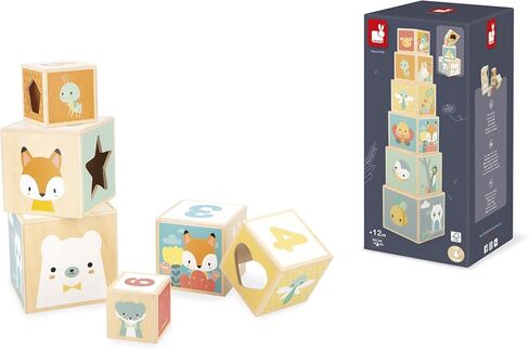 Janod J05147 First Wooden Pyramid - 6 Cubes Stacking Toy - Develops Dexterity and Imagination - Early Ages 12 Months from 12 Months, Multi-Coloured in Saudi Arabia