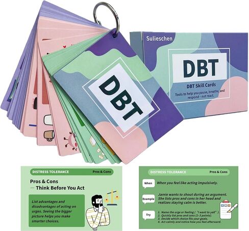بطاقات تدريب مهارات DBT مع أمثلة إرشادية وخطوات تدريب - 28 قطعة من البطاقات التعليمية للتنظيم العاطفي | أدوات تخفيف التوتر والتكيف للعاملين في المكاتب والكبار in Kuwait