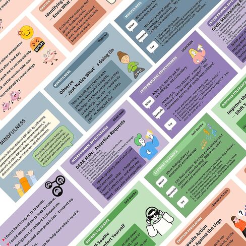 بطاقات تدريب مهارات DBT مع أمثلة إرشادية وخطوات تدريب - 28 قطعة من البطاقات التعليمية للتنظيم العاطفي | أدوات تخفيف التوتر والتكيف للعاملين في المكاتب والكبار in Kuwait