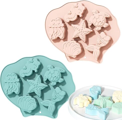2 pieces of silicone molds with marine life theme, mermaid shell silicone mold, cake surface mold, chocolate gummy polymer clay cake decoration (red+blue) in Saudi Arabia