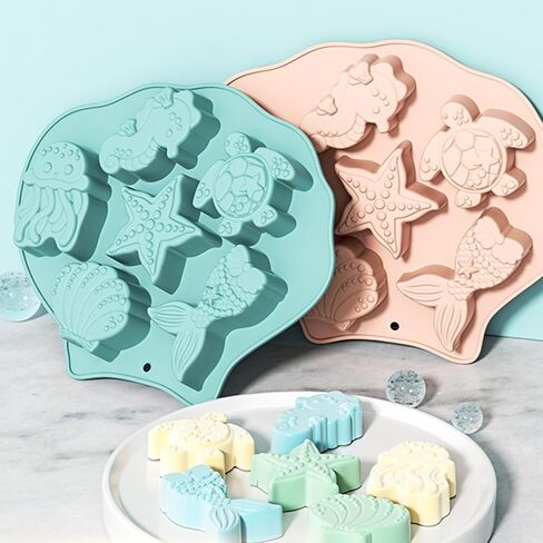 2 pieces of silicone molds with marine life theme, mermaid shell silicone mold, cake surface mold, chocolate gummy polymer clay cake decoration (red+blue) in Saudi Arabia