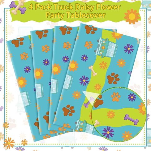 4 Pcs Mysterious Dog Party Supplies Cartoon Car Hippie Tablecloth Disposable Paw Table Cover Waterproof Daisy Table Cloth for Lab Week Gender Reveal Birthday Baby Shower 70.8 x 42.5 in Saudi Arabia