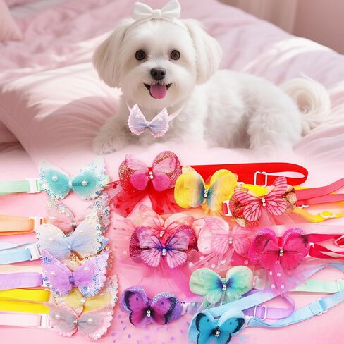 20pcs Lace Dogs Bows Collars with Pearls for Small Medium Dog, Bulk Adjustable Butterfly Doggie Girl Bow Ties for Holiday Daily Puppy Cat Kitten Accessories (Butterfly and Wings) in Saudi Arabia