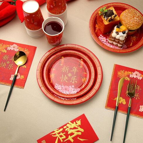 200 Pcs Chinese New Year Decorations 2026 Lunar New Year Paper Plates Napkins and Cups Serve 50 Years of The Horse 2026 Decorations Spring Festival Party Supplies in Saudi Arabia