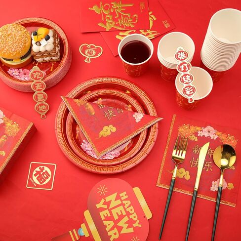 200 Pcs Chinese New Year Decorations 2026 Lunar New Year Paper Plates Napkins and Cups Serve 50 Years of The Horse 2026 Decorations Spring Festival Party Supplies in Saudi Arabia