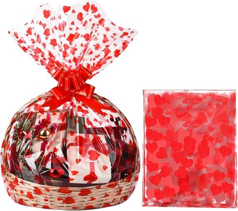 Zonon 20 Pcs Valentines Day Cellophane Bags 35 x 23 Inch Valentine Cellophane Wrap for Gift Baskets Red Heart Large Plastic Clear Gift Basket Bags with Bow Ribbon for Baskets Classroom Prize Gifts in Saudi Arabia