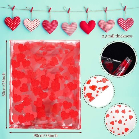 Zonon 20 Pcs Valentines Day Cellophane Bags 35 x 23 Inch Valentine Cellophane Wrap for Gift Baskets Red Heart Large Plastic Clear Gift Basket Bags with Bow Ribbon for Baskets Classroom Prize Gifts in Saudi Arabia