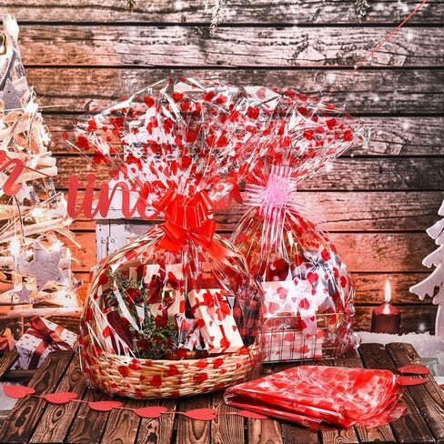 Zonon 20 Pcs Valentines Day Cellophane Bags 35 x 23 Inch Valentine Cellophane Wrap for Gift Baskets Red Heart Large Plastic Clear Gift Basket Bags with Bow Ribbon for Baskets Classroom Prize Gifts in Saudi Arabia