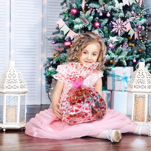 Zonon 20 Pcs Valentines Day Cellophane Bags 35 x 23 Inch Valentine Cellophane Wrap for Gift Baskets Red Heart Large Plastic Clear Gift Basket Bags with Bow Ribbon for Baskets Classroom Prize Gifts in Saudi Arabia