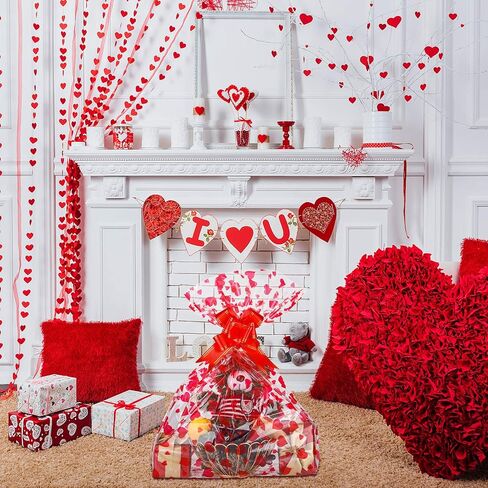 Zonon 20 Pcs Valentines Day Cellophane Bags 35 x 23 Inch Valentine Cellophane Wrap for Gift Baskets Red Heart Large Plastic Clear Gift Basket Bags with Bow Ribbon for Baskets Classroom Prize Gifts in Saudi Arabia