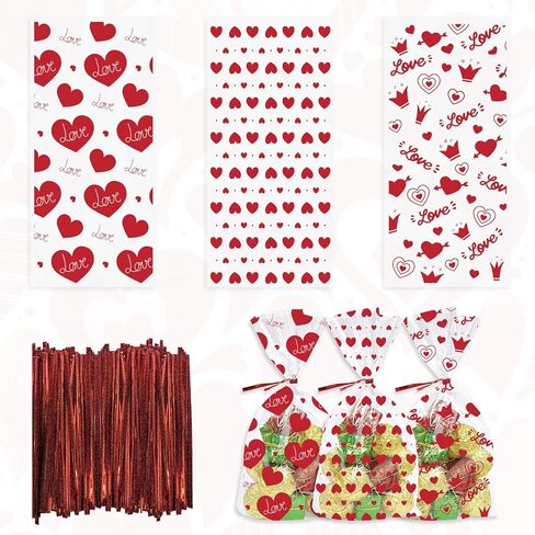 150 Pieces Valentine's Day Cellophane Gift Bags Valentines Day Candy Bags Red Love Hearts Cellophane Treat Bags 3 Styles Plastic OPP Bags with 150 Twist Ties for Cookies Candy Wedding Party Decoration in Saudi Arabia
