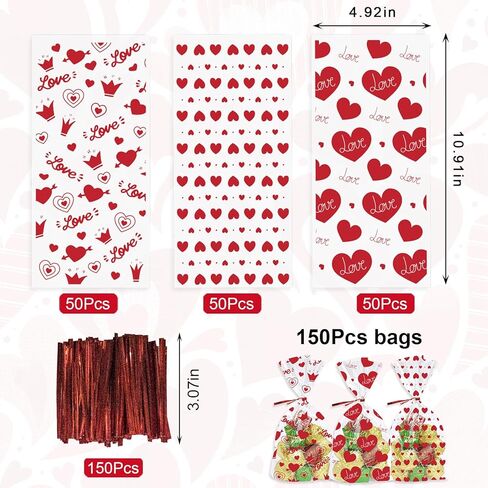 150 Pieces Valentine's Day Cellophane Gift Bags Valentines Day Candy Bags Red Love Hearts Cellophane Treat Bags 3 Styles Plastic OPP Bags with 150 Twist Ties for Cookies Candy Wedding Party Decoration in Saudi Arabia