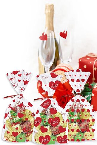 150 Pieces Valentine's Day Cellophane Gift Bags Valentines Day Candy Bags Red Love Hearts Cellophane Treat Bags 3 Styles Plastic OPP Bags with 150 Twist Ties for Cookies Candy Wedding Party Decoration in Saudi Arabia