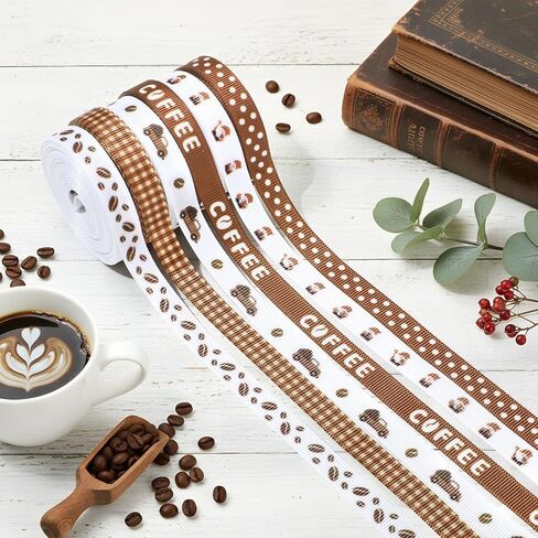 6 لفات 30 ياردة من شريط القهوة Grosgrain مقاس 3/8 بوصة، شريط مطبوع من حبوب البن، شريط منقط باللون البني، شريط منقط لتغليف الهدايا، ديكور حفلات أعياد الميلاد in Kuwait