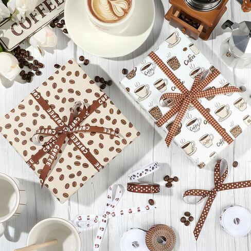 6 لفات 30 ياردة من شريط القهوة Grosgrain مقاس 3/8 بوصة، شريط مطبوع من حبوب البن، شريط منقط باللون البني، شريط منقط لتغليف الهدايا، ديكور حفلات أعياد الميلاد in Kuwait
