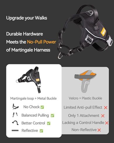 DF No Pull Martingale Dog Harness and Leash Set Silent Metal Buckle, Front Clip Reflective Harness, Adjustable Fit & Handle for Easy Walking & Training, Black, 1", Front Chest 19.7"-25.2" in Kuwait