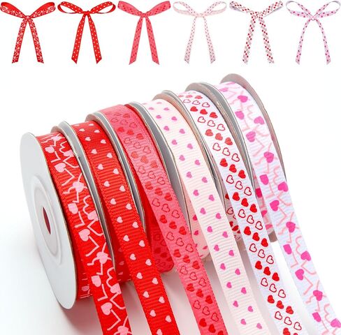 6 Rolls 60 Yard Valentine's Day Ribbon 3/8" Wide Heart Print Thin Grosgrain Ribbon for Crafts Valentine's Day Gift Wrapping DIY Wedding Anniversary Decorations in Saudi Arabia