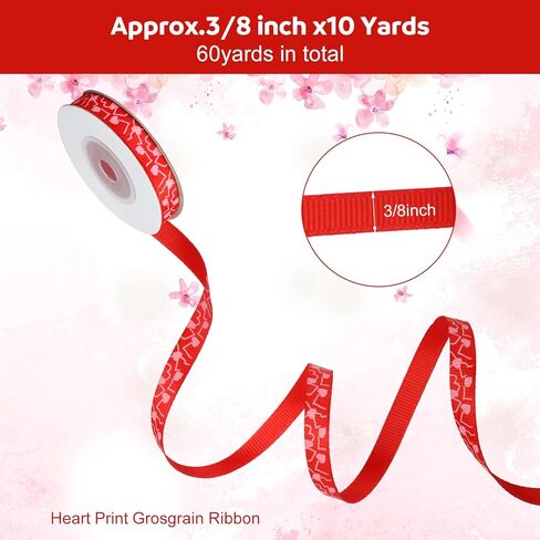 6 Rolls 60 Yard Valentine's Day Ribbon 3/8" Wide Heart Print Thin Grosgrain Ribbon for Crafts Valentine's Day Gift Wrapping DIY Wedding Anniversary Decorations in Saudi Arabia