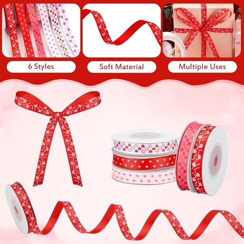 6 Rolls 60 Yard Valentine's Day Ribbon 3/8" Wide Heart Print Thin Grosgrain Ribbon for Crafts Valentine's Day Gift Wrapping DIY Wedding Anniversary Decorations in Saudi Arabia
