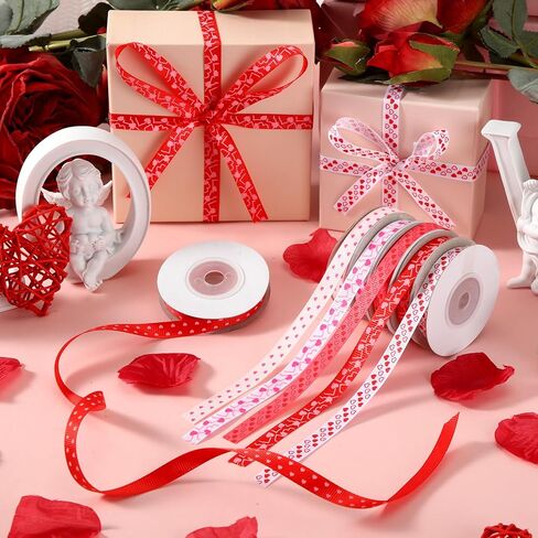 6 Rolls 60 Yard Valentine's Day Ribbon 3/8" Wide Heart Print Thin Grosgrain Ribbon for Crafts Valentine's Day Gift Wrapping DIY Wedding Anniversary Decorations in Saudi Arabia