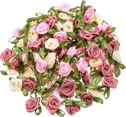 100 PCS 15mm Multicoloured Mini Rose Flowers, Satin Ribbon Bows Appliques, Mini Roses for Crafts, DIY Sewing Craft Accessories, Wedding Bride Gift Decoration, Fabric Ribbons in Saudi Arabia