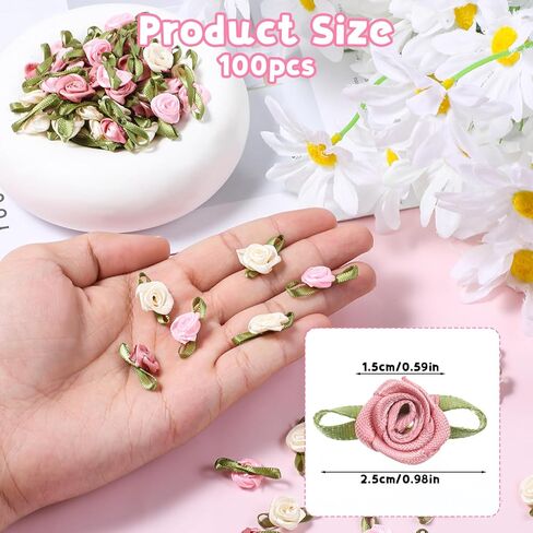100 PCS 15mm Multicoloured Mini Rose Flowers, Satin Ribbon Bows Appliques, Mini Roses for Crafts, DIY Sewing Craft Accessories, Wedding Bride Gift Decoration, Fabric Ribbons in Saudi Arabia