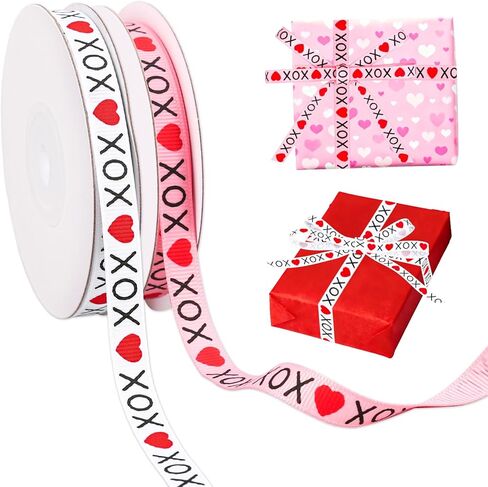 Whaline 2 Roll 30 Yards Valentine's Day Grosgrain Ribbons 3/8 Inch White Pink Red Heart Fabric Craft Ribbon for Wreath Bow Gift Wrap Party Decor in Saudi Arabia