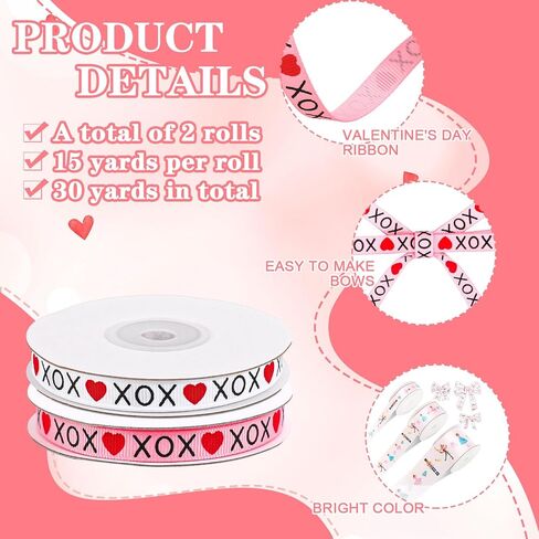 Whaline 2 Roll 30 Yards Valentine's Day Grosgrain Ribbons 3/8 Inch White Pink Red Heart Fabric Craft Ribbon for Wreath Bow Gift Wrap Party Decor in Saudi Arabia