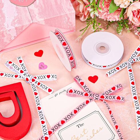 Whaline 2 Roll 30 Yards Valentine's Day Grosgrain Ribbons 3/8 Inch White Pink Red Heart Fabric Craft Ribbon for Wreath Bow Gift Wrap Party Decor in Saudi Arabia