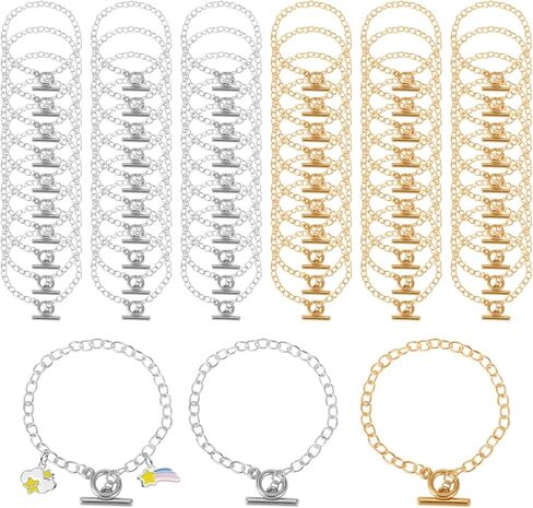 60 PCS DIY Bracelet Chains, Golden & Silver Chain with OT Buckle, Bulk Metal Geometric Link Bracelets for Jewelry Making in Saudi Arabia