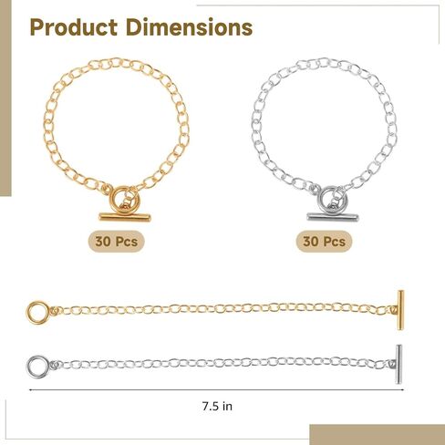 60 PCS DIY Bracelet Chains, Golden & Silver Chain with OT Buckle, Bulk Metal Geometric Link Bracelets for Jewelry Making in Saudi Arabia