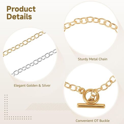 60 PCS DIY Bracelet Chains, Golden & Silver Chain with OT Buckle, Bulk Metal Geometric Link Bracelets for Jewelry Making in Saudi Arabia