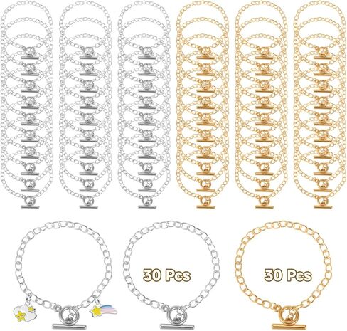 60 PCS DIY Bracelet Chains, Golden & Silver Chain with OT Buckle, Bulk Metal Geometric Link Bracelets for Jewelry Making in Saudi Arabia