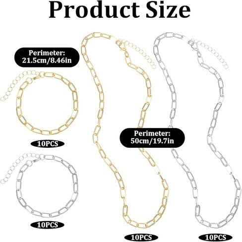 Prasacco 40 Pcs Paperclip Chain Necklace Bracelets Kit, 20 Charm Necklace Chain 20 Charm Bracelet Chains Alloy Paperclip Link Chains with Lobster Clasps for DIY Jewelry Making (Gold, Silver) in Saudi Arabia