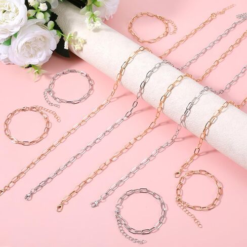Prasacco 40 Pcs Paperclip Chain Necklace Bracelets Kit, 20 Charm Necklace Chain 20 Charm Bracelet Chains Alloy Paperclip Link Chains with Lobster Clasps for DIY Jewelry Making (Gold, Silver) in Saudi Arabia