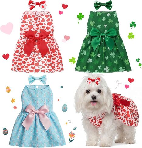 Abbylike 3 Set Valentines Day Dog Dress Small Dog St. Patrick Easter Heart Shamrock Bunny Poodle Skirt with Bow Clip for Pet Holiday Party Outfits(L) in Saudi Arabia