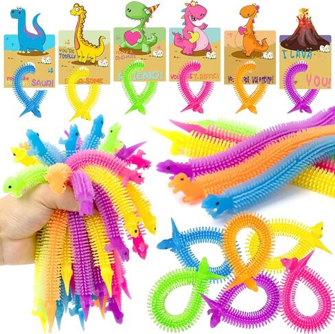 Kids Valentines Day Gifts for Class - 24 Pack Valentines Gift Cards with Glow in The Dark Dinosaur Stretchy String Toys for School Classroom Exchange Gifts, Toddlers Girls Boys Valentines Gifts in Saudi Arabia