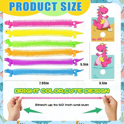 Kids Valentines Day Gifts for Class - 24 Pack Valentines Gift Cards with Glow in The Dark Dinosaur Stretchy String Toys for School Classroom Exchange Gifts, Toddlers Girls Boys Valentines Gifts in Saudi Arabia