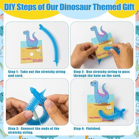 Kids Valentines Day Gifts for Class - 24 Pack Valentines Gift Cards with Glow in The Dark Dinosaur Stretchy String Toys for School Classroom Exchange Gifts, Toddlers Girls Boys Valentines Gifts in Saudi Arabia