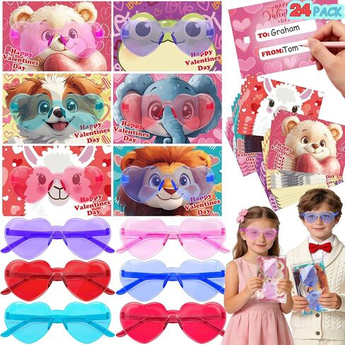 24 Pack Prefilled Valentines Day Gifts for Kids - Valentines Day Card for Kids School with Heart Shaped Glasses, 4 Colors Sunglasses Toys Set for Toddlers Exchange Gift, Party Favors, Classroom Prizes in Saudi Arabia
